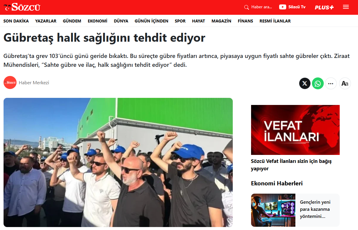 SÖZCÜ GAZETESİ: GÜBRETAŞ HALK SAĞLIĞINI TEHDİT EDİYOR - 14 EKİM 2025