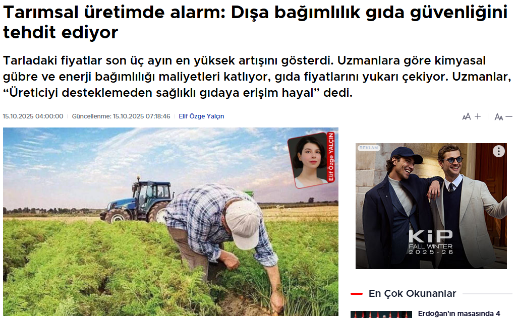 CUMHURİYET GAZETESİ: TARIMSAL ÜRETİMDE ALARM: DIŞA BAĞIMLILIK GIDA GÜVENLİĞİNİ TEHDİT EDİYOR - 15 EKİM 2025