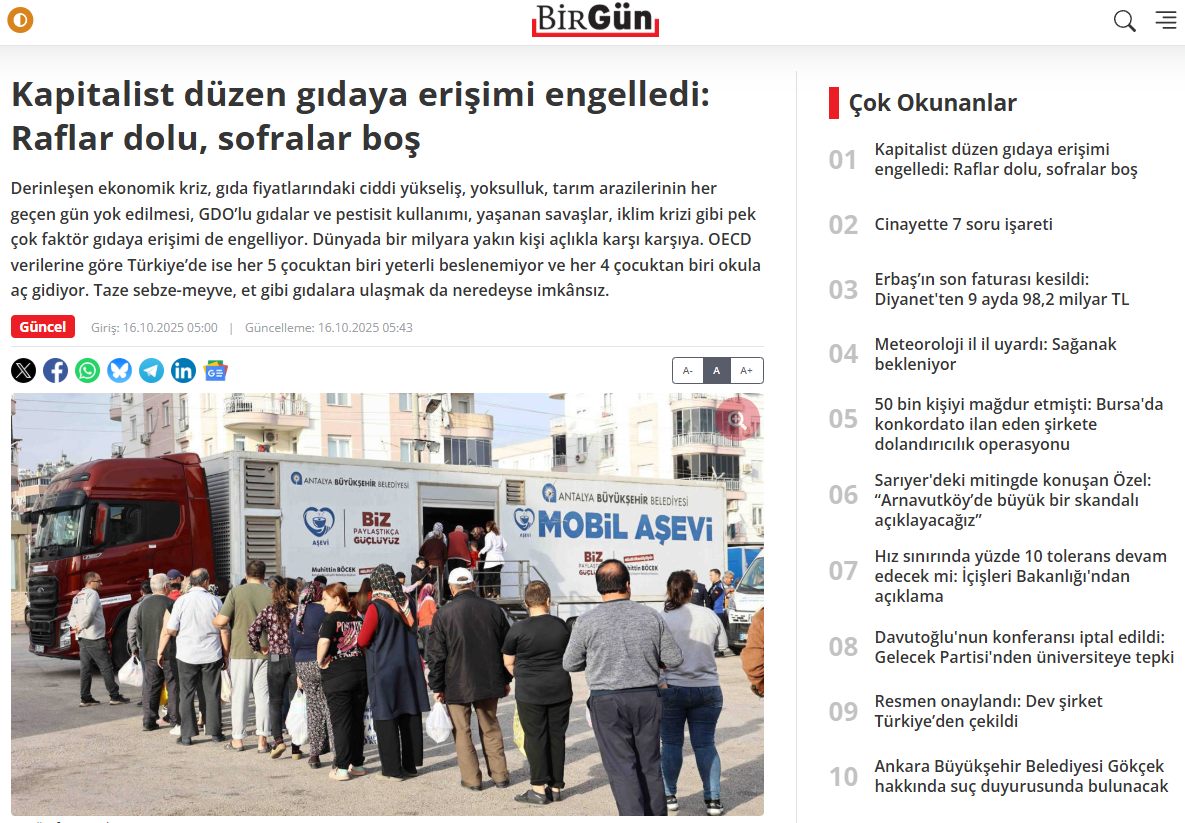 BİRGÜN GAZETESİ: KAPİTALİST DÜZEN GIDAYA ERİŞİMİ ENGELLEDİ: RAFLAR DOLU, SOFRALAR BOŞ - 16 EKİM 2025