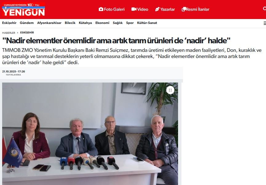 YENİGÜN GAZETESİ: "NADİR ELEMENTLER ÖNEMLİDİR AMA ARTIK TARIM ÜRÜNLERİ DE ‘NADİR’ HALDE"- 21 EKİM 2025