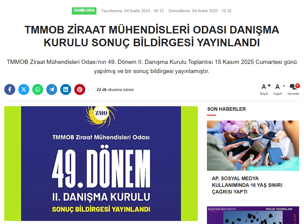 DİMEDYA: TMMOB ZİRAAT MÜHENDİSLERİ ODASI DANIŞMA KURULU SONUÇ BİLDİRGESİ YAYINLANDI-4 ARALIK 2025
