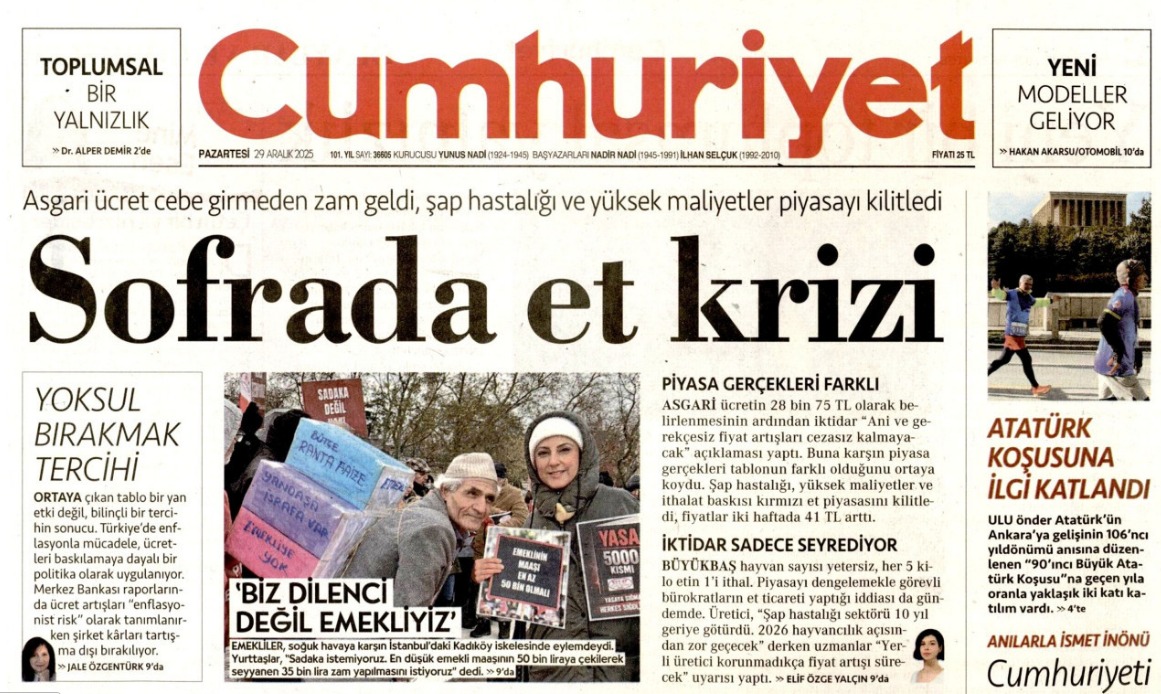 CUMHURİYET GAZETESİ: ŞAP HASTALIĞI, YÜKSEK MALİYETLER VE İTHALAT BASKISI KIRMIZI ET PİYASASINI KİLİTLEDİ: ETTE KRİZ DERİNLEŞİYOR- 29 ARALIK 2025