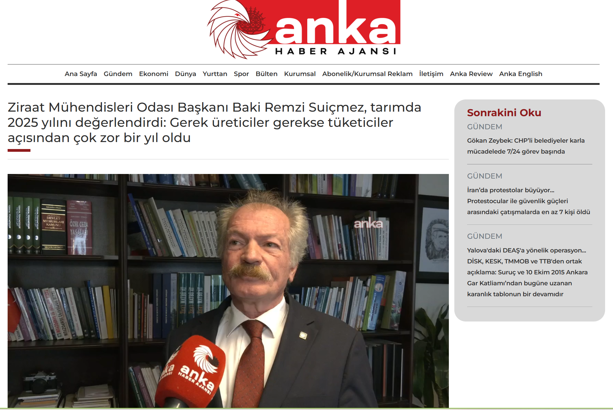 ANKA HABER AJANSI: ZİRAAT MÜHENSİDLERİ ODASI BAŞKANI BAKİ REMZİ SUİÇMEZ, TARIMDA 2025 YILINI DEĞERLENDİRDİ: GEREK ÜRETİCİLER GEREKSE TÜKETİCİLER AÇISINDAN ÇOK ZOR BİR YIL OLDU-2 OCAK 2026 