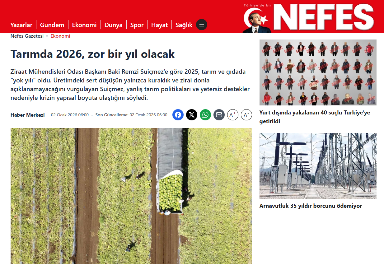 NEFES GAZETESİ: TARIMDA 2026, ZOR BİR YIL OLACAK - 2 OCAK 2026