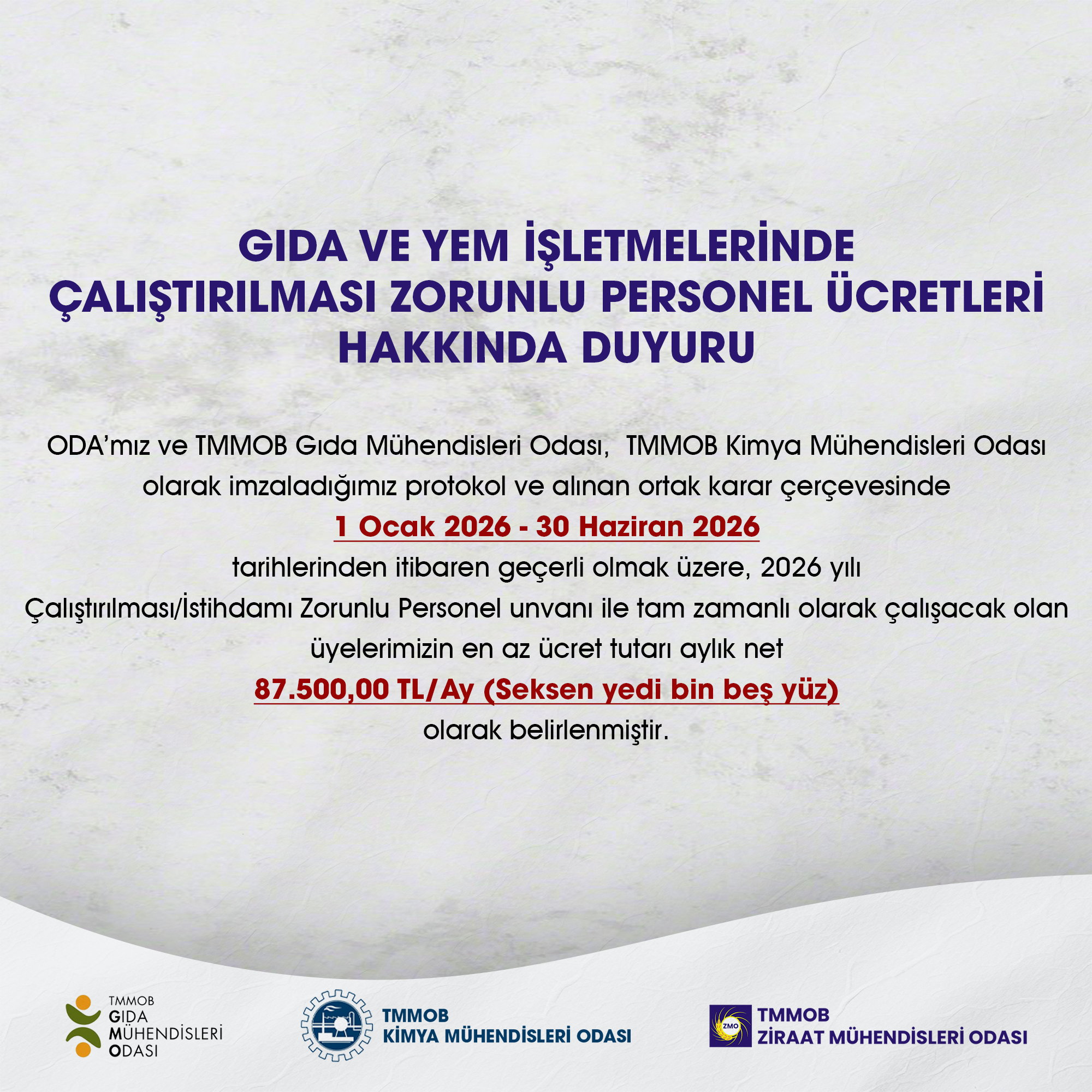 GIDA VE YEM İŞLETMELERİNDE ÇALIŞTIRILMASI ZORUNLU PERSONEL ÜCRETLERİ HAKKINDA DUYURU