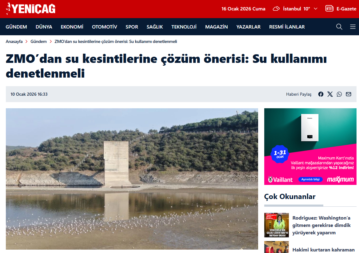 YENİÇAĞ GAZETESİ: ZMO’DAN SU KESİNTİLERİNE ÇÖZÜM ÖNERİSİ: SU KULLANIMI DENETLENMELİ - 10 OCAK 2026