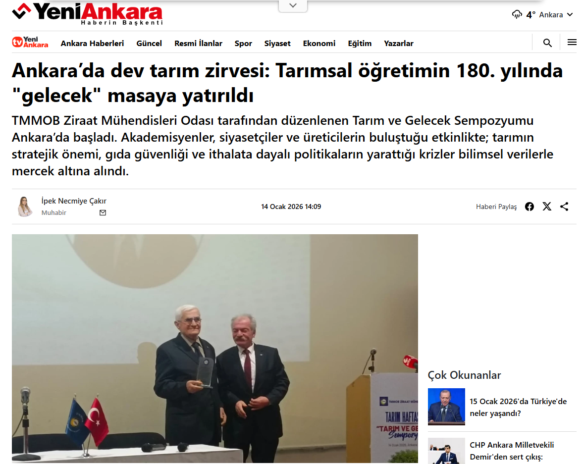 YENİ ANKARA GAZETESİ: ANKARA’DA DEV TARIM ZİRVESİ: TARIMSAL ÖĞRETİMİN 180. YILINDA "GELECEK" MASAYA YATIRILDI - 14 OCAK 2026