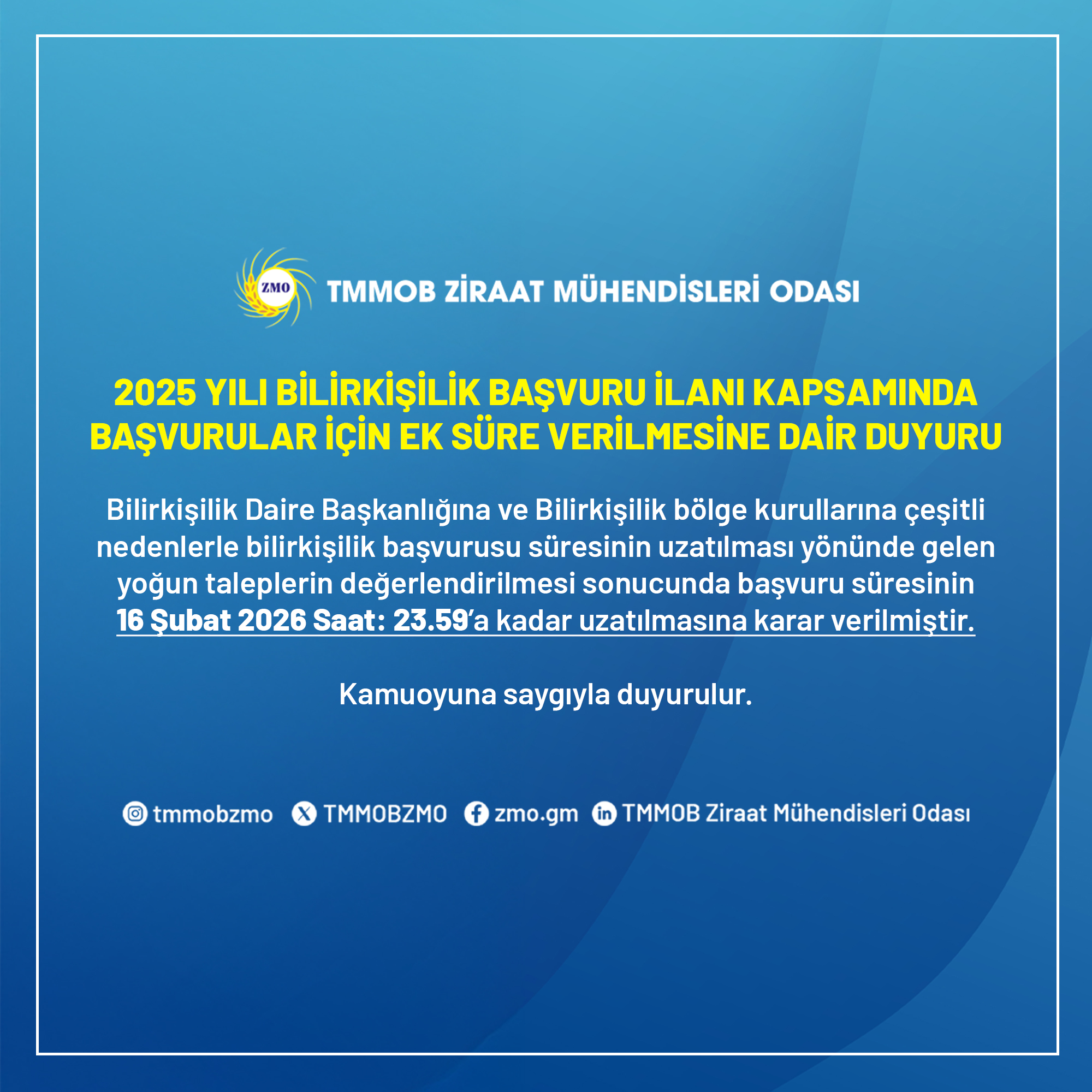 2025 YILI BİLİRKİŞİLİK BAŞVURU İLANI KAPSAMINDA BAŞVURULAR İÇİN EK SÜRE VERİLMESİNE DAİR DUYURU