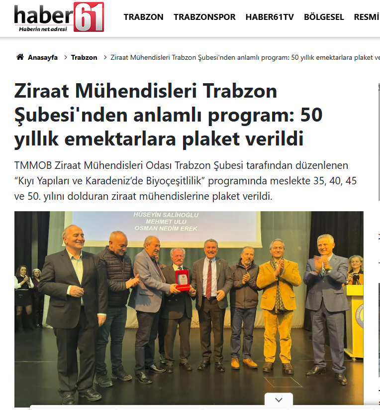 HABER61 GAZETESİ: ZİRAAT MÜHENDİSLERİ TRABZON ŞUBESİ'NDEN ANLAMLI PROGRAM: 50 YILLIK EMEKTARLARA PLAKET VERİLDİ - 14 ŞUBAT 2026