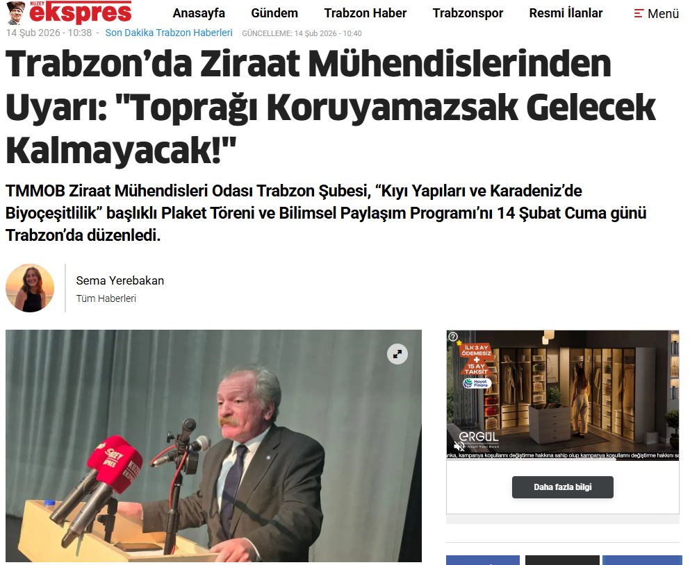 KUZEY EKSPRES GAZETESİ: TRABZON’DA ZİRAAT MÜHENDİSLERİNDEN UYARI: "TOPRAĞI KORUYAMAZSAK GELECEK KALMAYACAK!" - 14 ŞUBAT 2026
