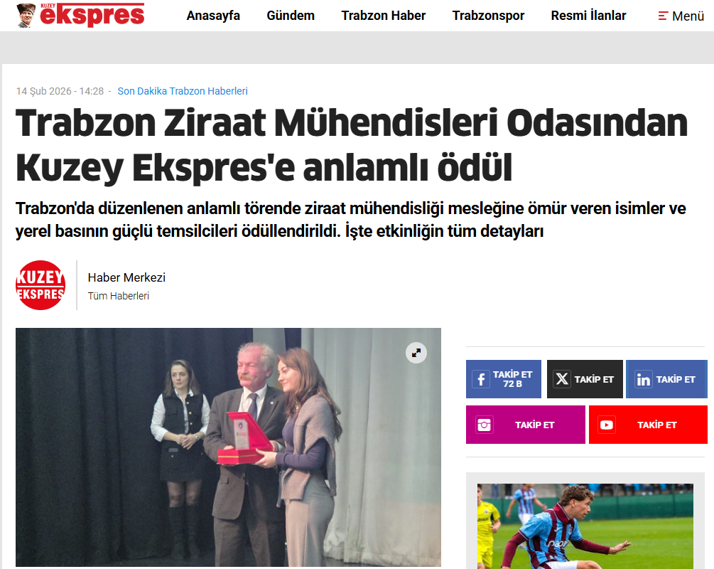 KUZEY EKSPRES GAZETESİ: TRABZON ZİRAAT MÜHENDİSLERİ ODASINDAN KUZEY EKSPRES'E ANLAMLI ÖDÜL - 14 ŞUBAT 2026