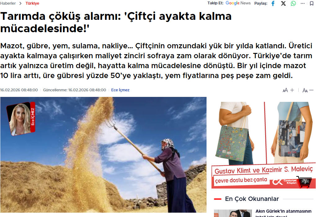 CUMHURİYET GAZETESİ: TARIMDA ÇÖKÜŞ ALARMI: 'ÇİFTÇİ AYAKTA KALMA MÜCADELESİNDE!' - 16 ŞUBAT 2026