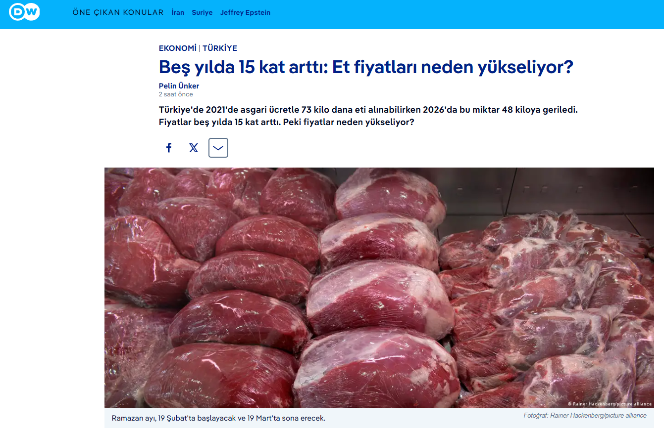 DW TÜRKÇE: BEŞ YILDA 15 KAT ARTTI: ET FİYATLARI NEDEN YÜKSELİYOR? - 16 ŞUBAT 2026
