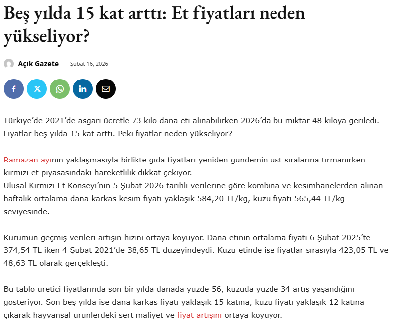 AÇIK GAZETE: BEŞ YILDA 15 KAT ARTTI: ET FİYATLARI NEDEN YÜKSELİYOR? - 16 ŞUBAT 2026