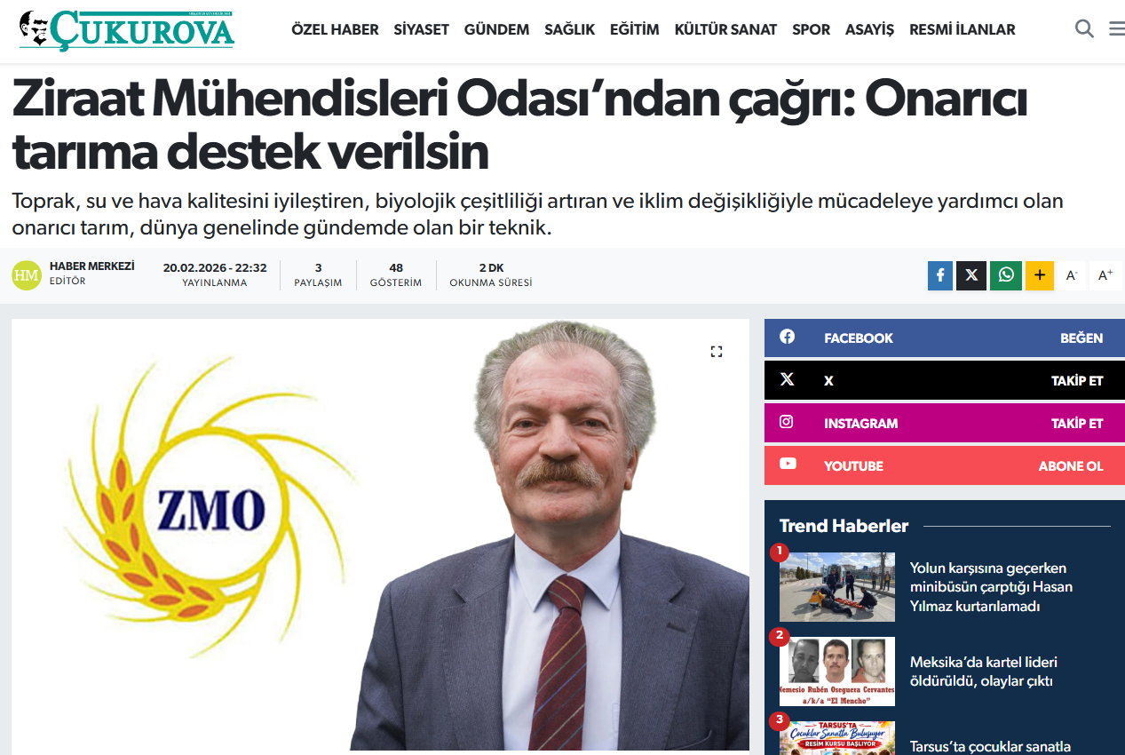 ÇUKUROVA GAZETESİ: ZİRAAT MÜHENDİSLERİ ODASI’NDAN ÇAĞRI: ONARICI TARIMA DESTEK VERİLSİN - 20 ŞUBAT 2026