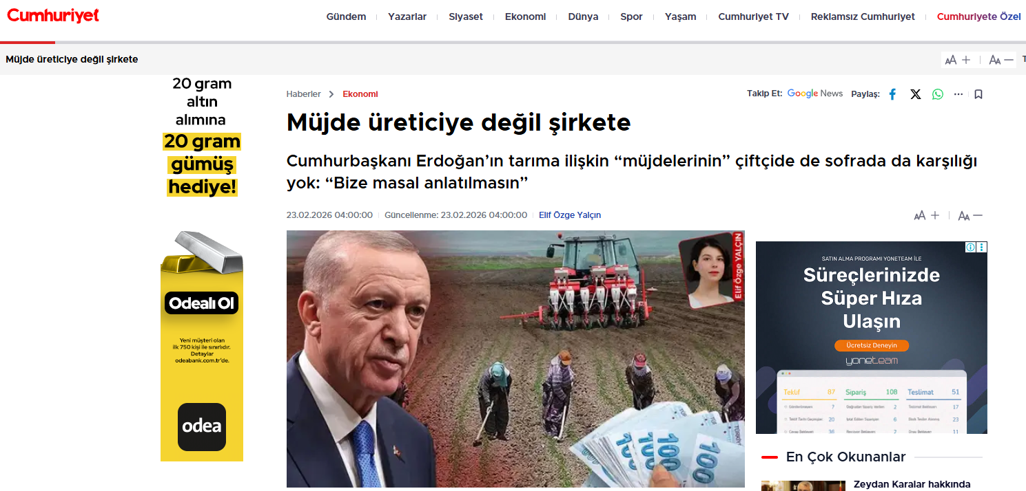 CUMHURİYET GAZETESİ: MÜJDE ÜRETİCİYE DEĞİL ŞİRKETE - 23 ŞUBAT 2026