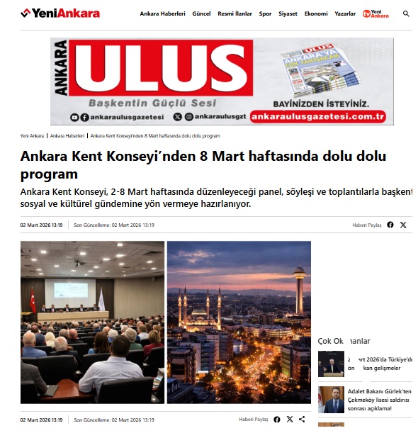 ANKARA ULUS GAZETESİ: ANKARA KENT KONSEYİ’NDEN 8 MART HAFTASINDA DOLU DOLU PROGRAM- 3 MART 2026