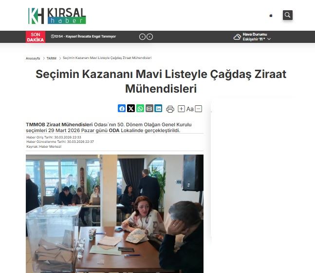 KİRSALHABER.COM: SEÇİMİN KAZANANI MAVİ LİSTEYLE ÇAĞDAŞ ZİRAAT MÜHENDİSLERİ- 30 MART 2026