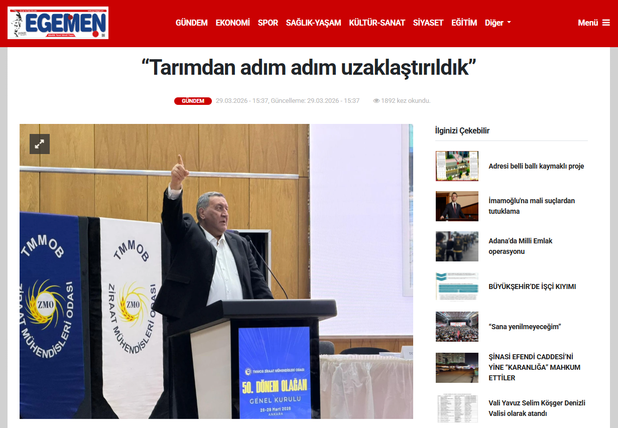 EGEMEN GAZETE: “TARIMDAN ADIM ADIM UZAKLAŞTIRILDIK” - 29 MART 2026