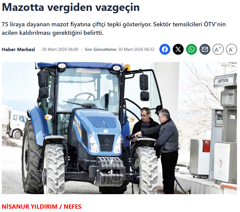 NEFES GAZETESİ: MAZOTTA VERGİDEN VAZGEÇİN- 30 MART 2026