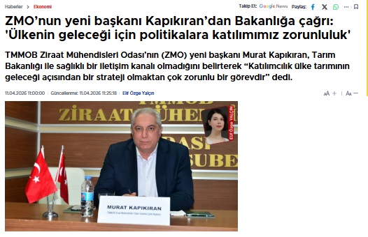 CUMHURİYET GAZETESİ: ZMO’NUN YENİ BAŞKANI KAPIKIRAN’DAN BAKANLIĞA ÇAĞRI: 'ÜLKENİN GELECEĞİ İÇİN POLİTİKALARA KATILIMIMIZ ZORUNLULUK'- 11 NİSAN 2026