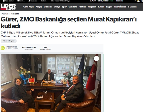 LİDER HABER GAZETESİ: GÜRER, ZMO BAŞKANLIĞA SEÇİLEN MURAT KAPIKIRAN’I KUTLADI- 24 NİSAN 2026