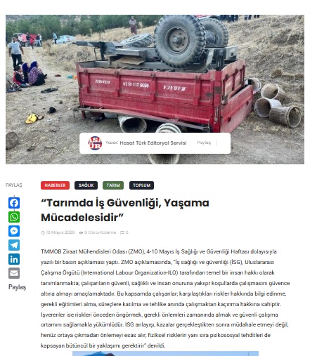HASATTÜRK GAZETESİ:  “TARIMDA İŞ GÜVENLİĞİ, YAŞAMA MÜCADELESİDİR”- 10 MAYIS 2026