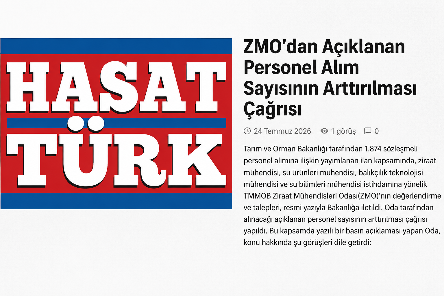 HASATTÜRK GAZETESİ: ZMO’DAN AÇIKLANAN PERSONEL ALIM SAYISININ ARTTIRILMASI ÇAĞRISI- 24 TEMMUZ 2026 