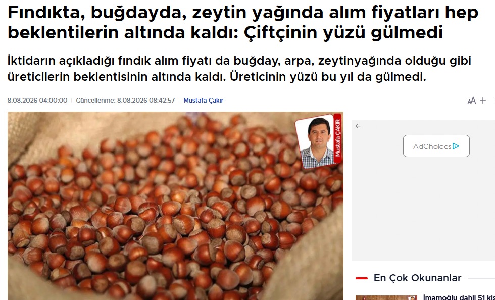 CUMHURİYET GAZETESİ: FINDIKTA, BUĞDAYDA, ZEYTİN YAĞINDA ALIM FİYATLARI HEP BEKLENTİLERİN ALTINDA KALDI: ÇİFTÇİNİN YÜZÜ GÜLMEDİ- 8 AĞUSTOS 2026