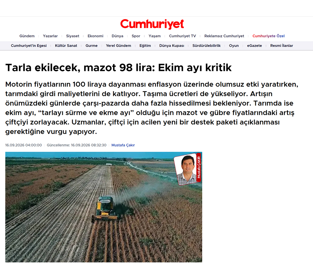 CUMHURİYET GAZETESİ: TARLA EKİLECEK, MAZOT 98 LİRA: EKİM AYI KRİTİK - 16 EYLÜL 2026