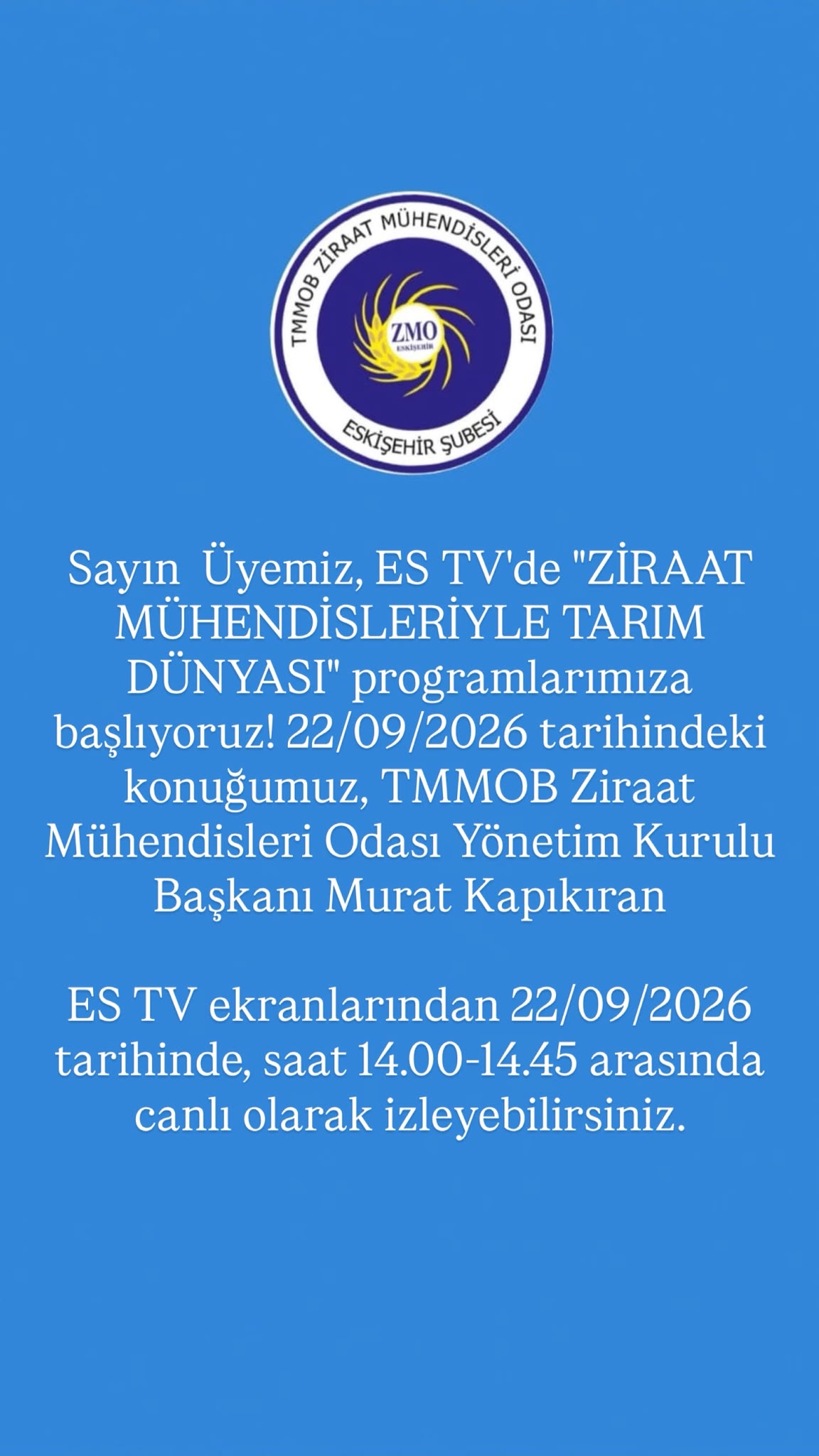 ES TV- ZİRAAT MÜHENDİSLERİYLE TARIM DÜNYASI- 22 EYLÜL 2026