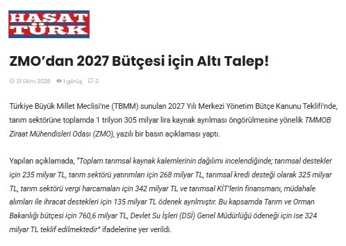 HASATTÜRK GAZETESİ:  ZMO’DAN 2027 BÜTÇESİ İÇİN ALTI TALEP!- 21 EKİM 2026