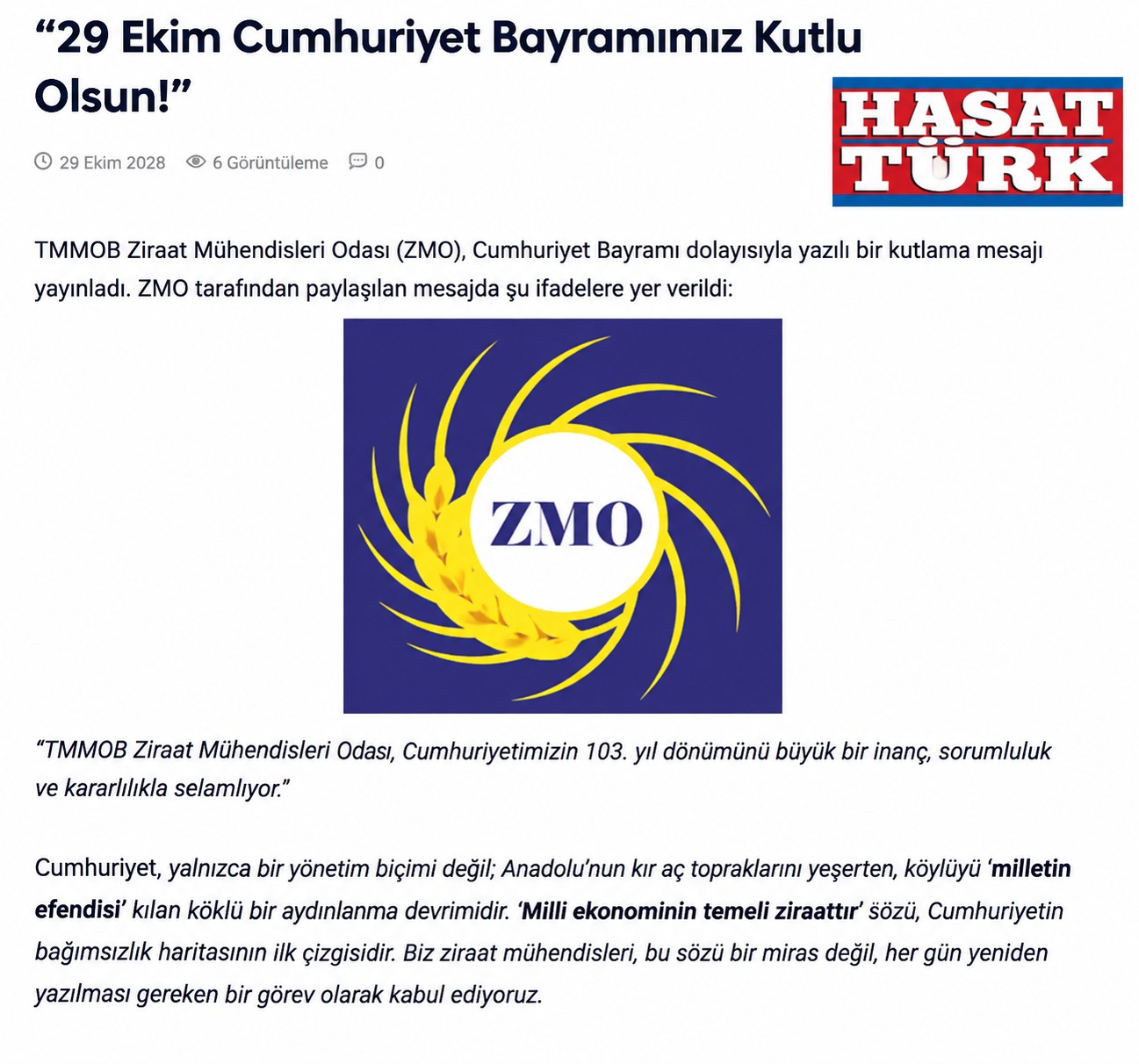 HASATTÜRK GAZETESİ: “29 EKİM CUMHURİYET BAYRAMIMIZ KUTLU OLSUN!”- 29 EKİM 2026