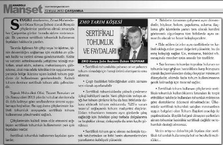 "ZMO TARIM KÖŞESİ" - ANADOLU MANŞET