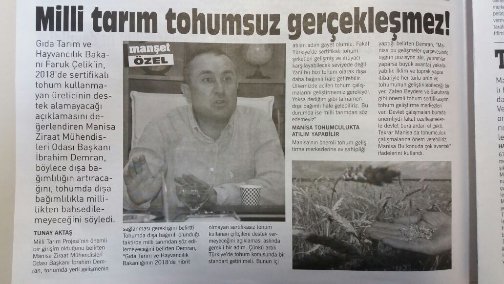 MANŞET GAZETESİ- YERLİ TOHUM İLE İLGİLİ AÇIKLAMA
