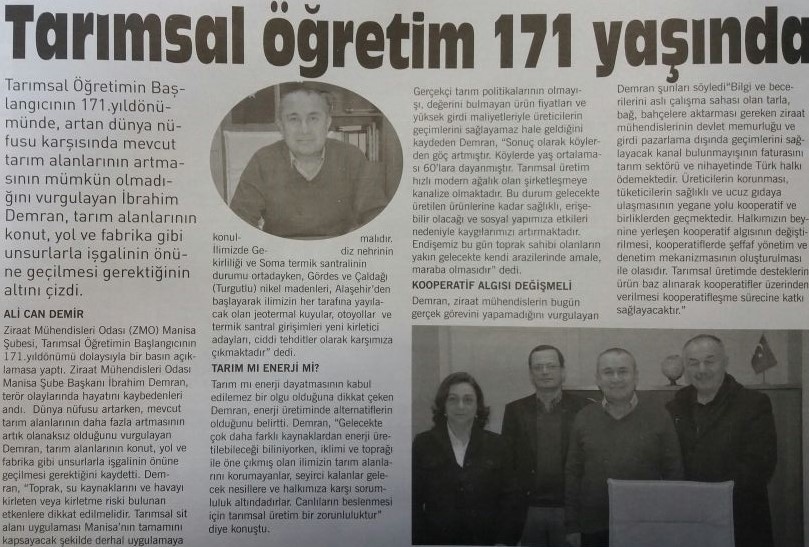 "TARIMSAL ÖĞRETİM 171 YAŞINDA" MANŞET GAZETESİ