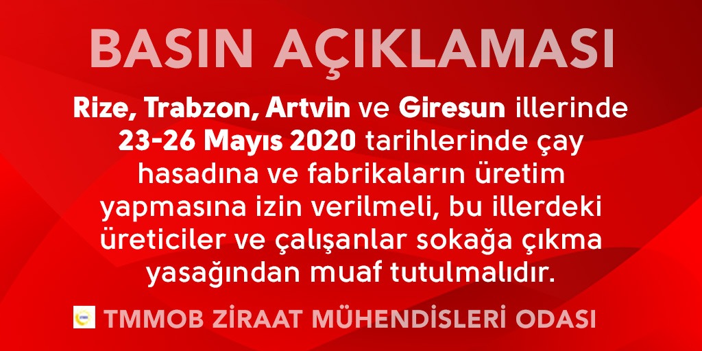 BASIN AÇIKLAMASI:2020 YILI YAŞ ÇAY SEZONU SORUNLU BAŞLIYOR.
ÇAY SEKTÖRÜMÜZÜN SORUNLARI İVEDİLİKLE ÇÖZÜLMELİDİR.