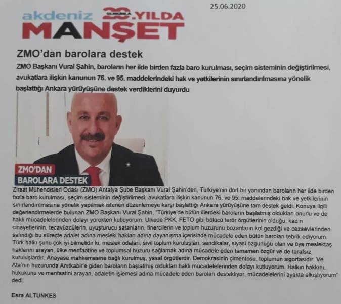 AKDENİZ MANŞET GAZETESİ: ZMO DAN BAROLARA DESTEK - 25 HAZİRAN 2020