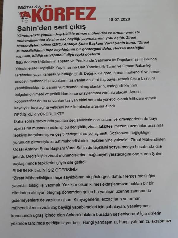ANTALYA KÖRFEZ GAZETESİ - ŞAHİNDEN SERT ÇIKIŞ - 18 TEMMUZ 2020
