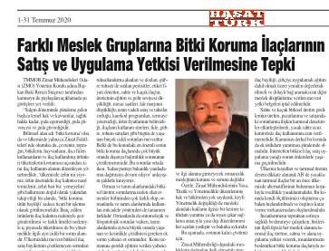 HASAT TÜRK: FARKLI MESLEK GRUPLARINA BİTKİ KORUMA İLAÇLARININ SATIŞ VE UYGULAMA YETKİSİ VERİLMESİNE TEPKİ- 1/31 TEMMUZ 2020