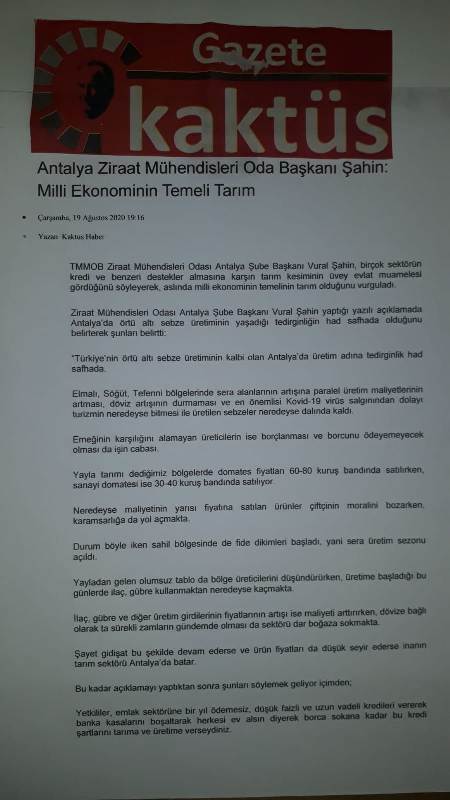KAKTÜS HABER: MİLLİ EKONOMİNİN TEMELİ TARIM- 19 AĞUSTOS 2020