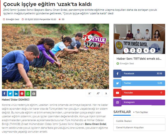  9 EYLÜL GAZETESİ: ÇOCUK İŞÇİYE EĞİTİM `UZAK`TA KALDI- 03 EYLÜL 2020 
