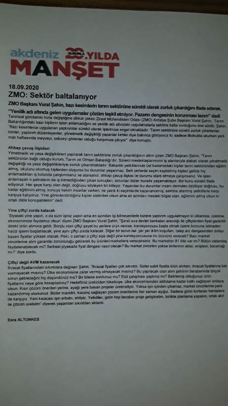 AKDENİZ MANŞET GAZETESİ- SEKTÖR BALTALANIYOR- 18 EYLÜL 2020