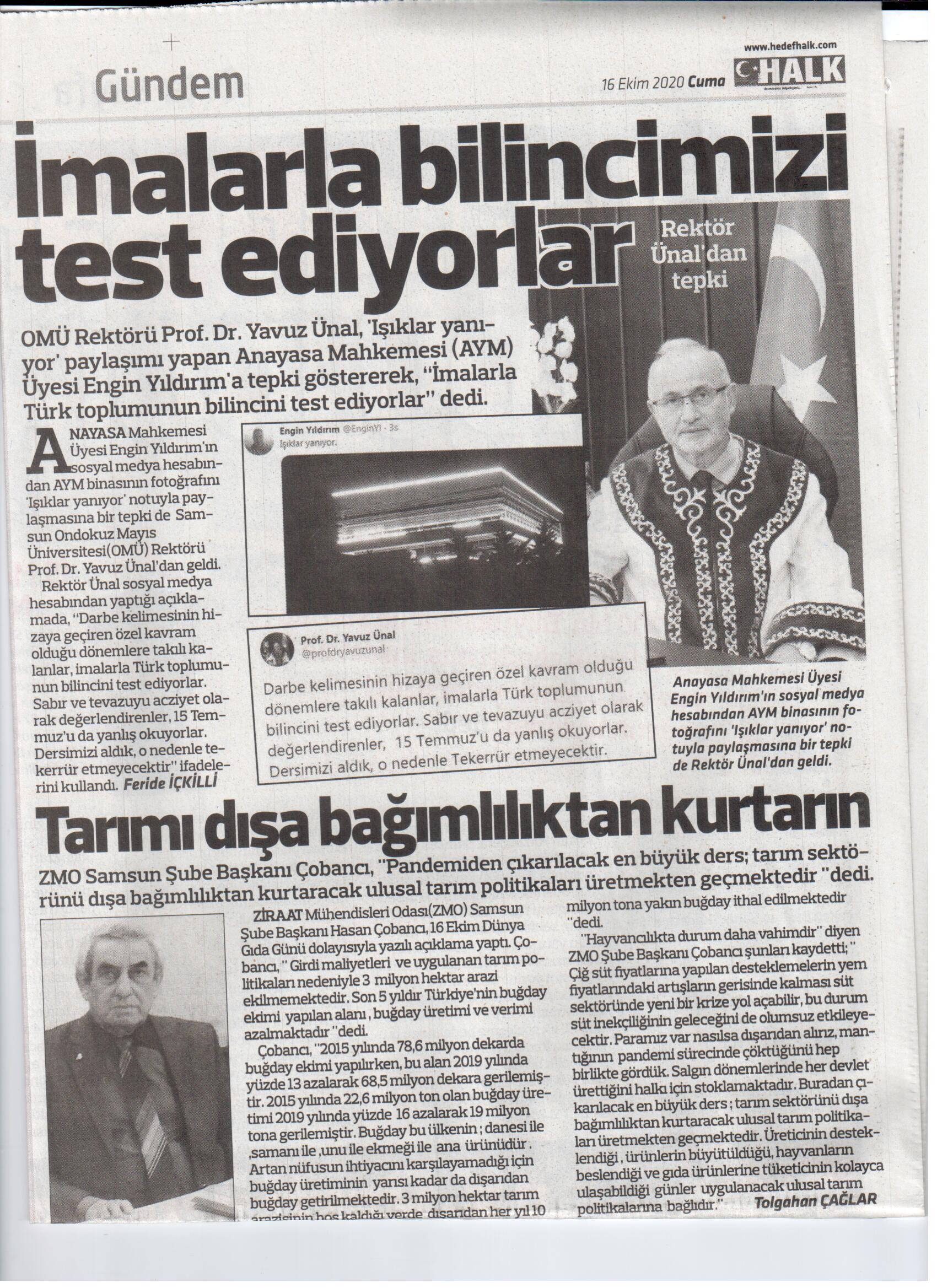 HEDEF HALK GAZETESİ: TARIMI DIŞA BAĞIMLILIKTAN KURTARIN-16 EKİM 2020