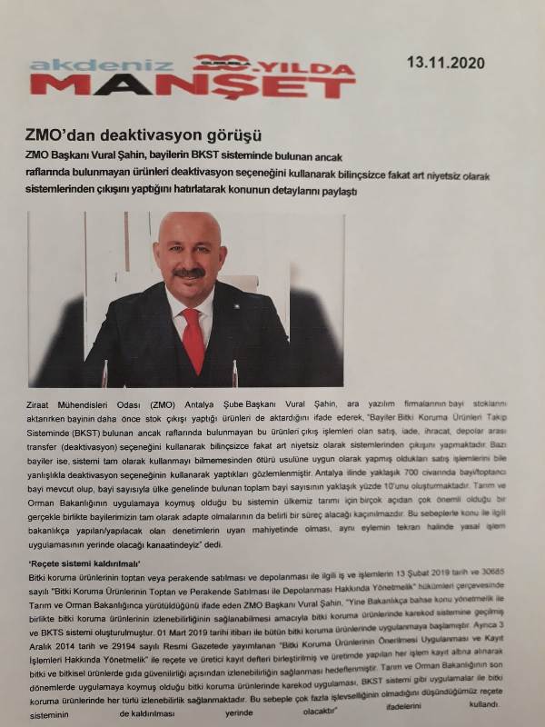 AKDENİZ MANŞET GAZETESİ:ZMO`DAN DEAKTİVASYON GÖRÜŞÜ-13 KASIM 2020