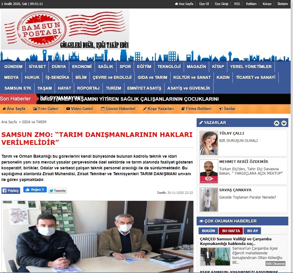 SAMSUN POSTASI: SAMSUN ZMO:TARIM DANIŞMANLARININ HAKLARI VERİLMELİDİR- 1 ARALIK 2020
