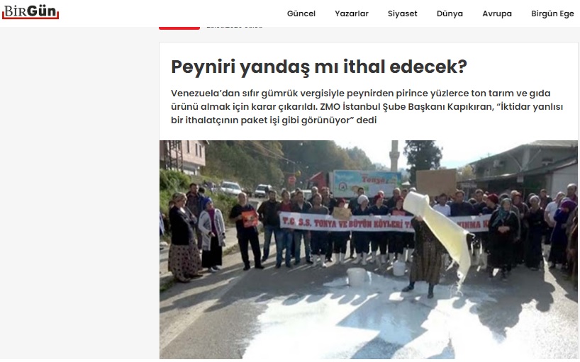 BİRGÜN GAZETESİ: PEYNİRİ YANDAŞ MI İTHAL EDECEK? 23.08.2020