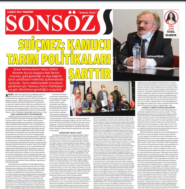 SON SÖZ GAZETESİ: SUİÇMEZ: KAMUCU TARIM POLİTİKALARI ŞARTTIR- 4 ŞUBAT 2021
