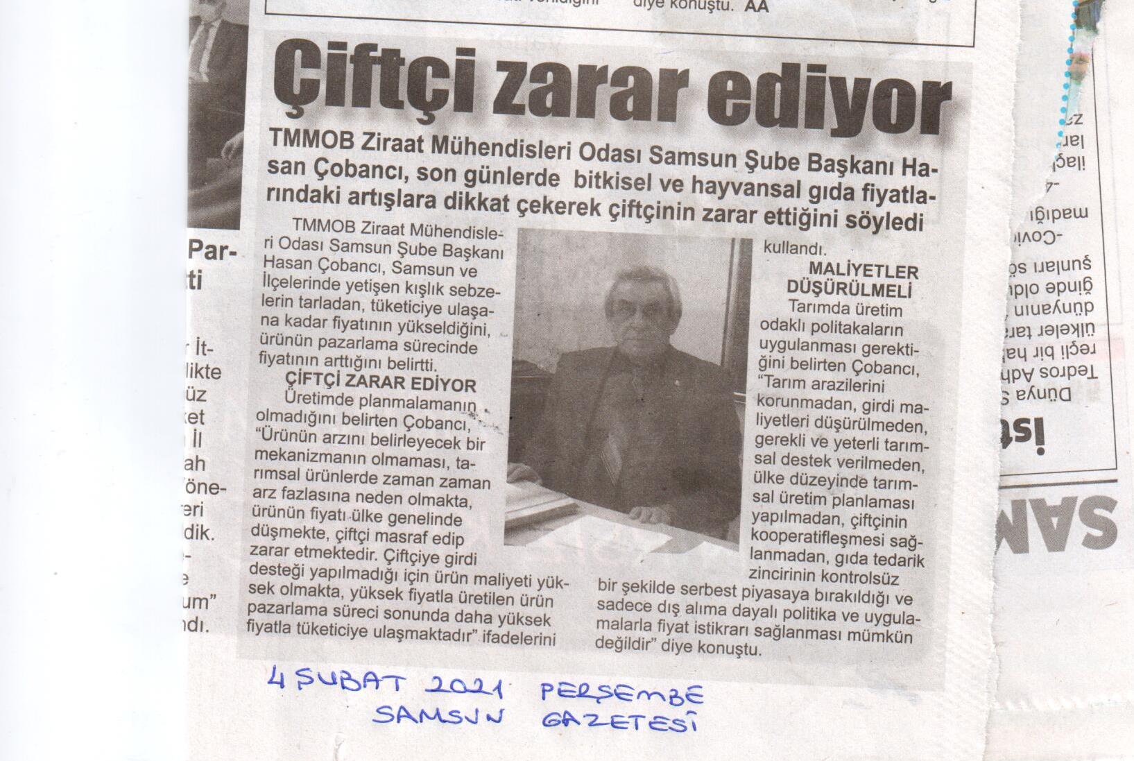 SAMSUN GAZETESİ: ÇİFTÇİ ZARAR EDİYOR- 4 ŞUBAT 2021 SAMSUN GAZETESİ