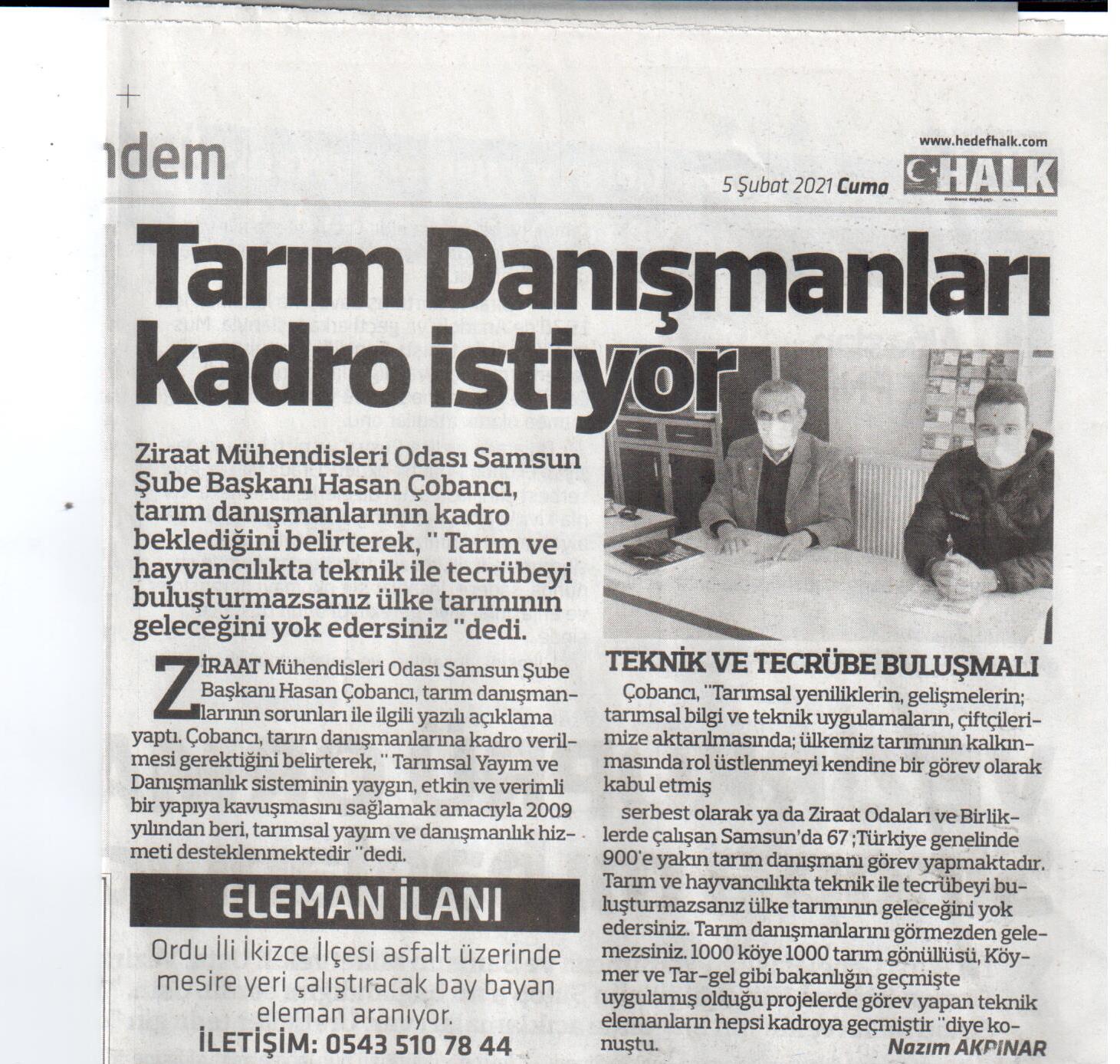 HEDEF HALK GAZETESİ: TARIM DANIŞMANLARI KADRO İSTİYOR- 5 ŞUBAT 2021 